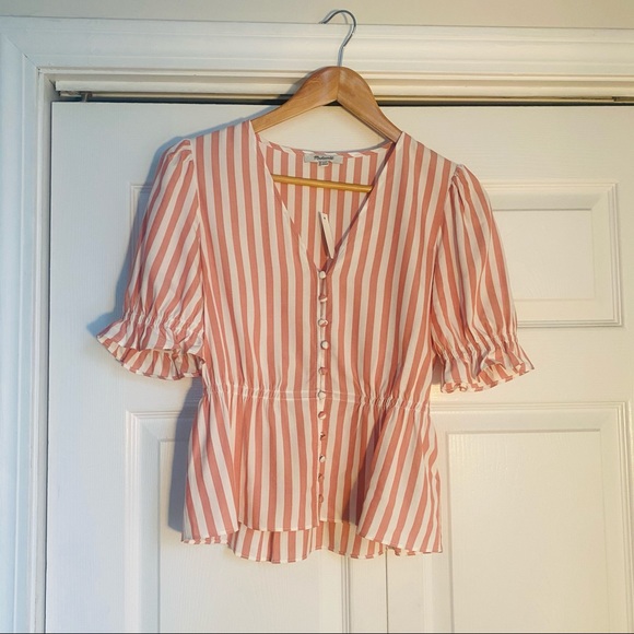 Madewell coral V-neck Peplum Popover Top - Picture 2 of 5